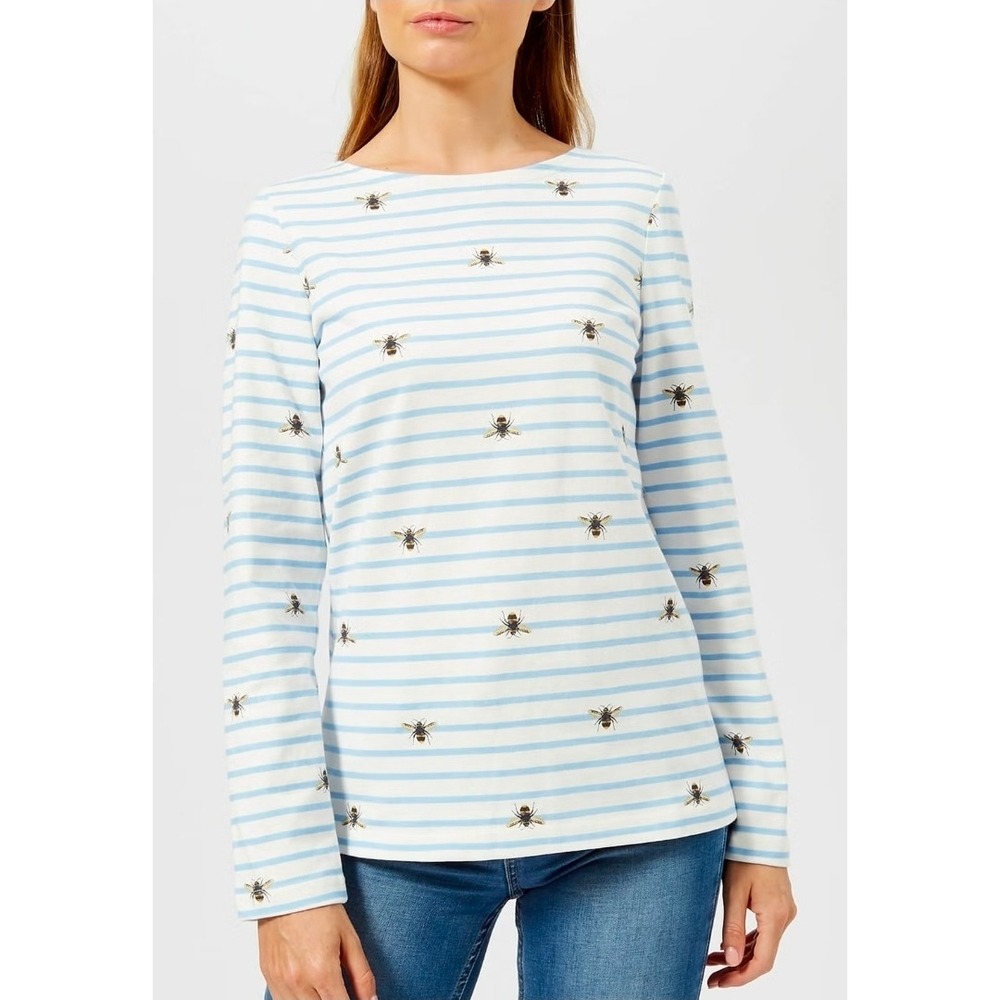 Joules Harbour Top Womens US 2 Blue White Striped Bumble Bee Long‎ Sleeve Cotton